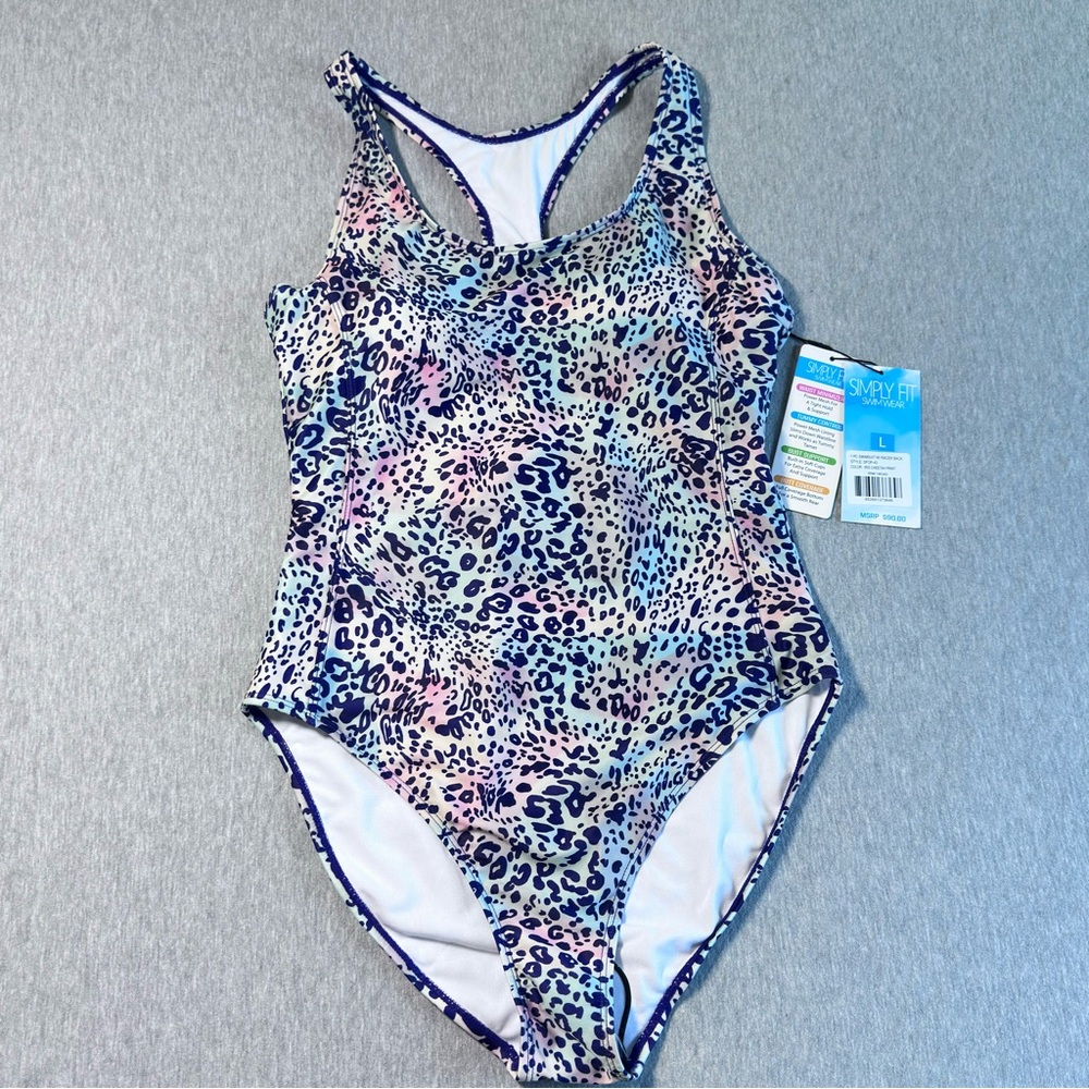 Simply Fit Swimwear Women Large Swimsuit One Piece Racer Back Iris Cheetah NEW